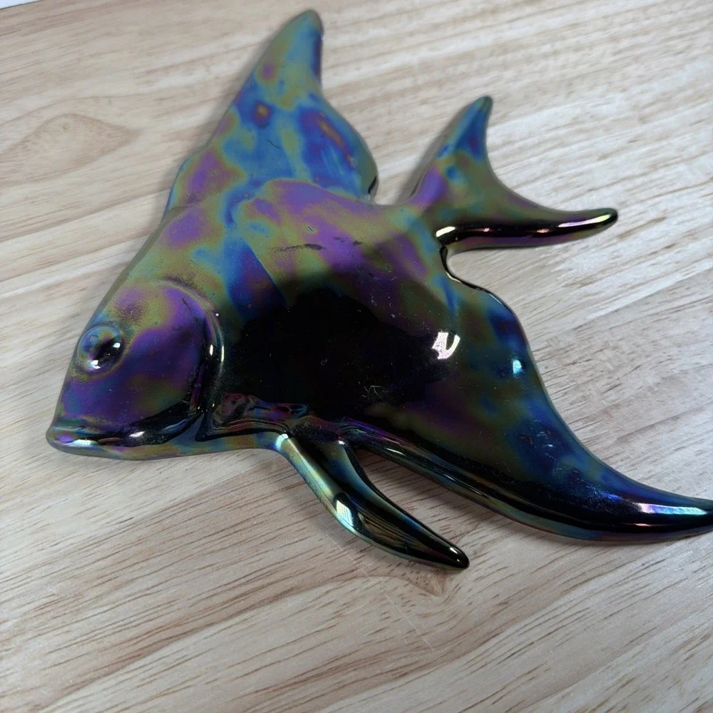 Vintage Ceramic Iridescent Dark Black Tropical Fish Wall Hanging